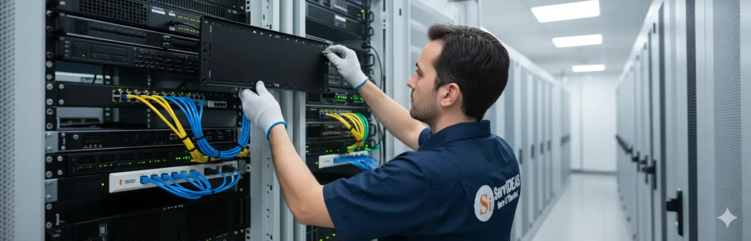 Certified technician installing structured cabling in a telecommunications room