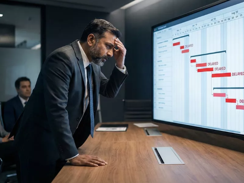 Pakistani IT director reviewing delayed project timeline