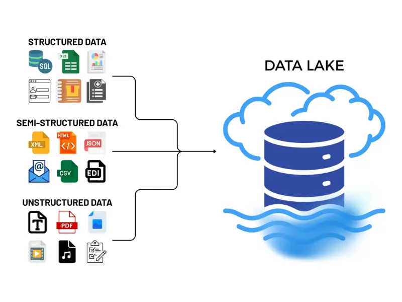 Transformation of structured data, semi-structured data and unstructured data into data lake